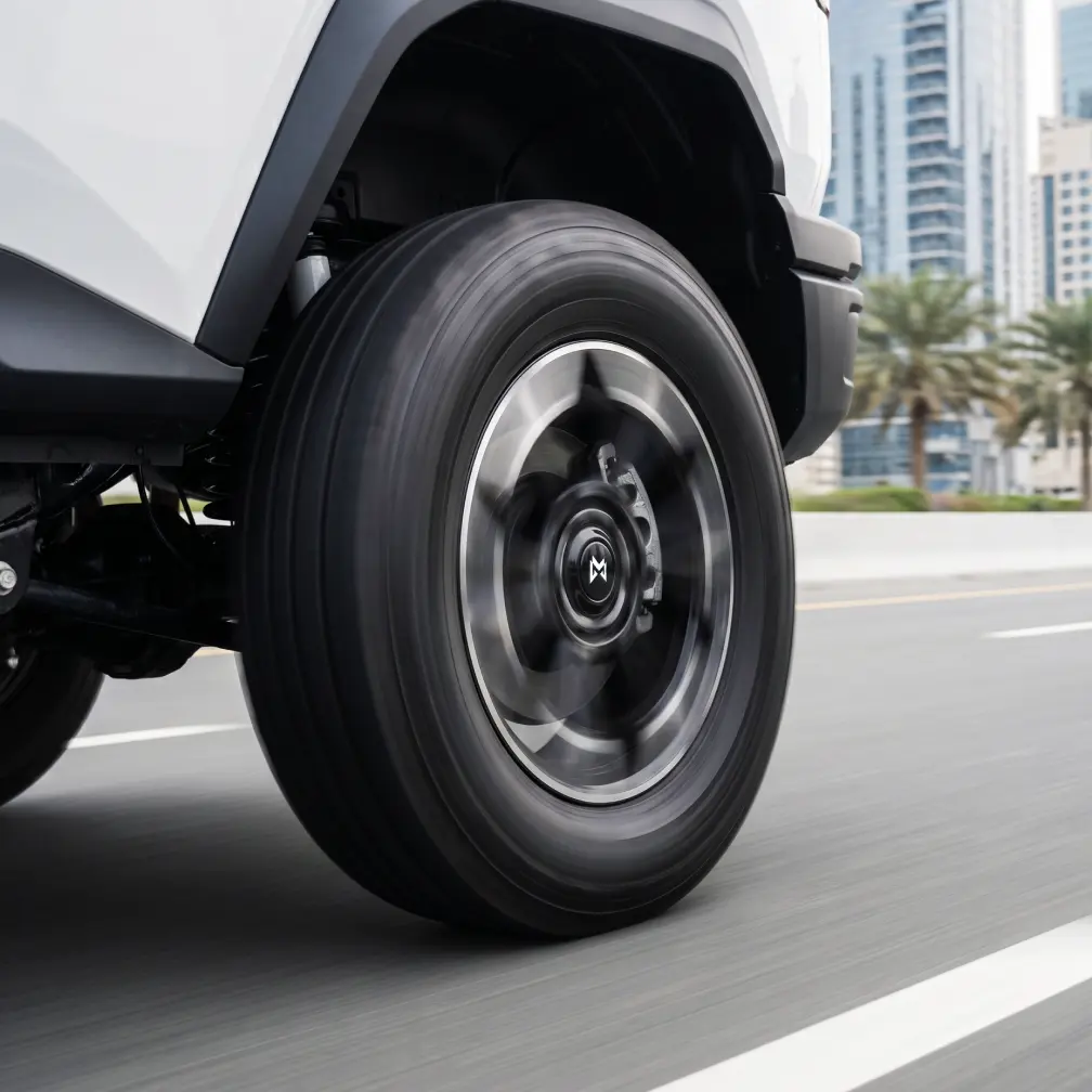 Close-up of MHERO II rear-wheel turning radius
