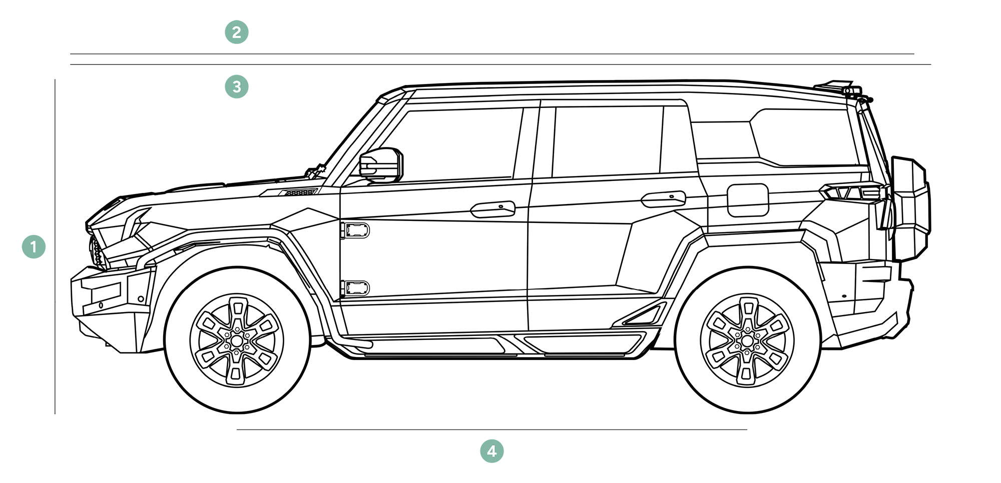 drawing of the MHERO with dots showing different specs of the vehicle